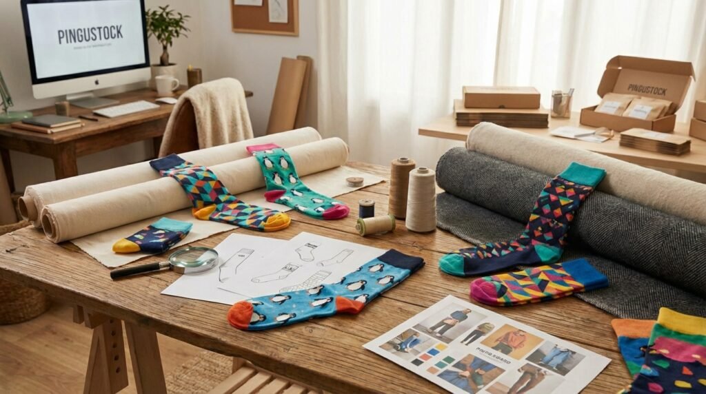 Calcetines Pingustock sobre una mesa de diseño